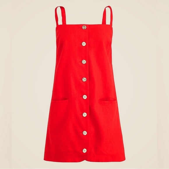 🔥NEW J. Crew Vintage Red Claudia Mini Dress in linen NWT Holidays Gold Buttons - Picture 2 of 11